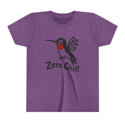Purple t-shirt with a hummingbird graphic and 'Zero Chill' text on a white background