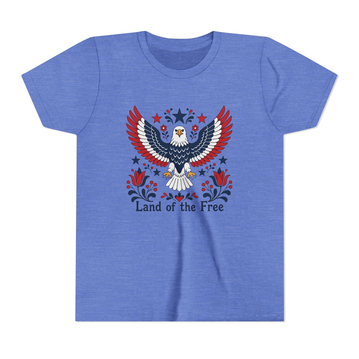 Blue t-shirt with an eagle design and 'Land of the Free' text on a white background