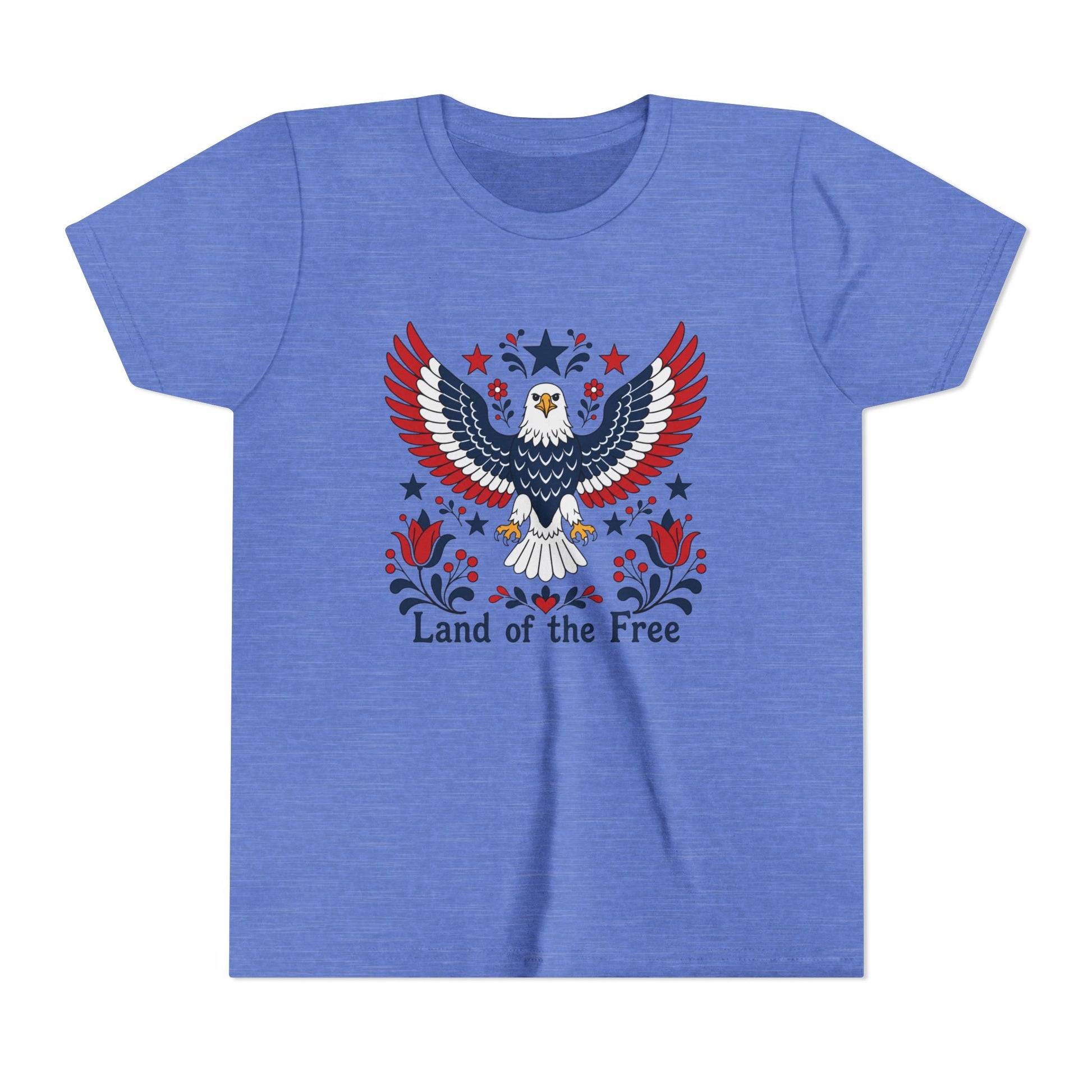 Blue t-shirt with an eagle design and 'Land of the Free' text on a white background