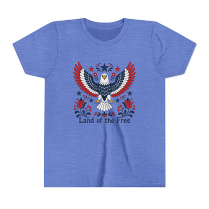 Blue t-shirt with an eagle design and 'Land of the Free' text on a white background