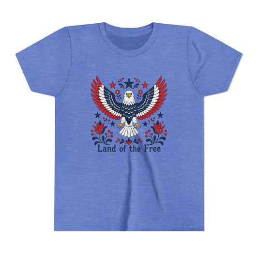 Blue t-shirt with an eagle design and 'Land of the Free' text on a white background