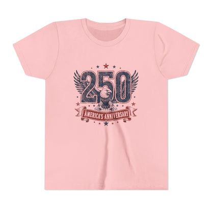 Pink t-shirt with '250 America's Anniversary' design on a white background