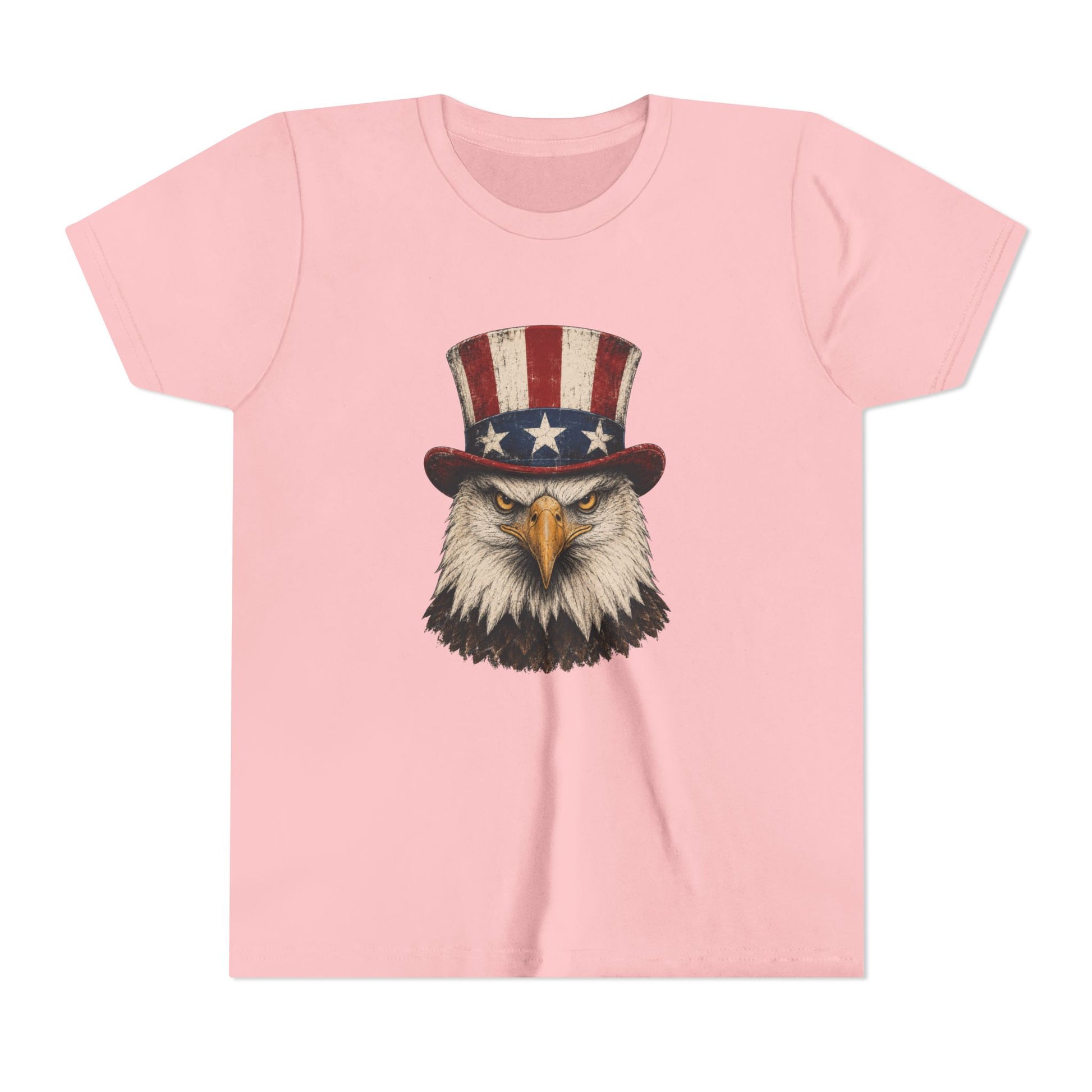 Pink t-shirt with an eagle wearing a top hat on a white background