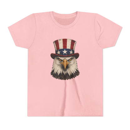 Pink t-shirt with an eagle wearing a top hat on a white background