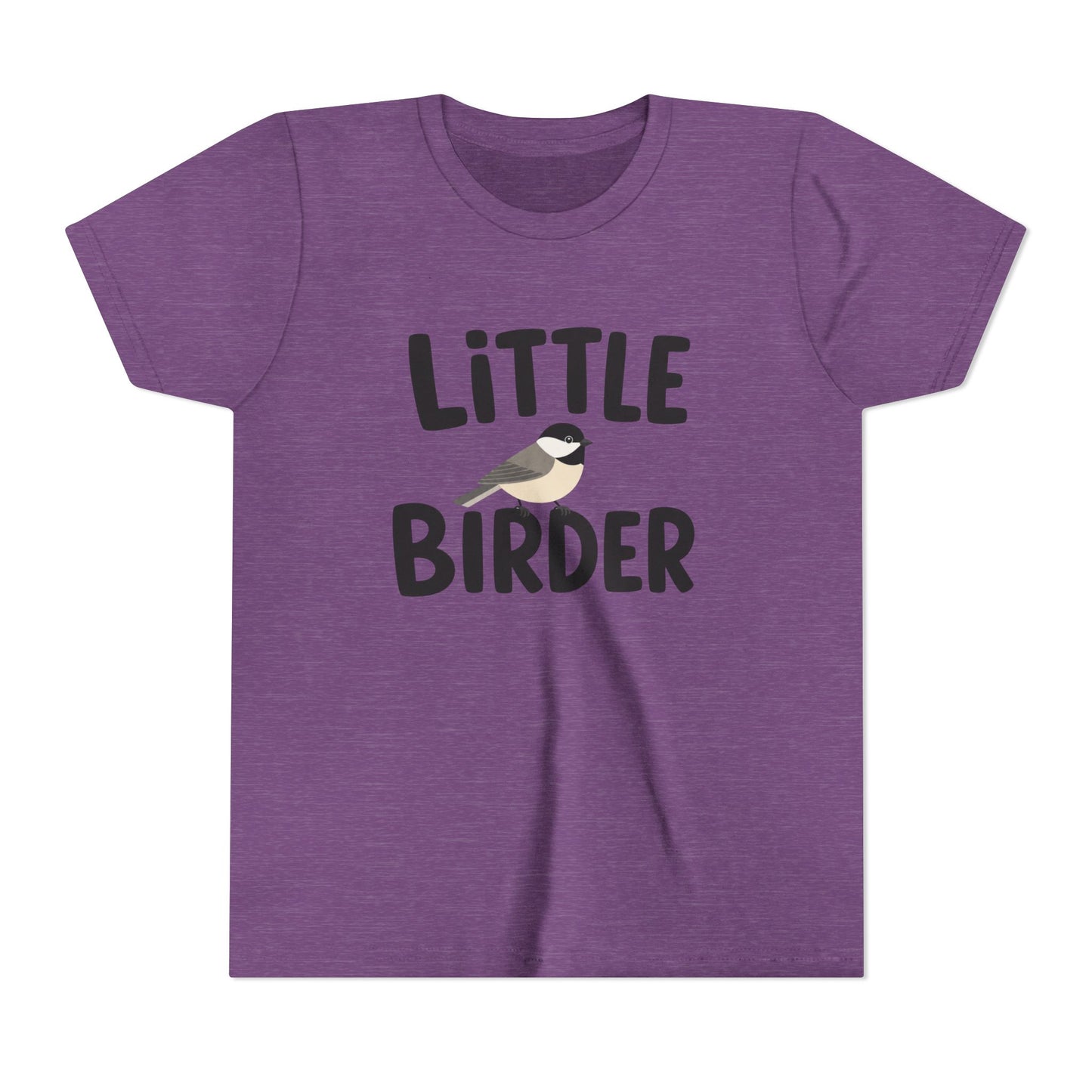 Purple t-shirt with 'Little Birder' text and a bird illustration on a white background