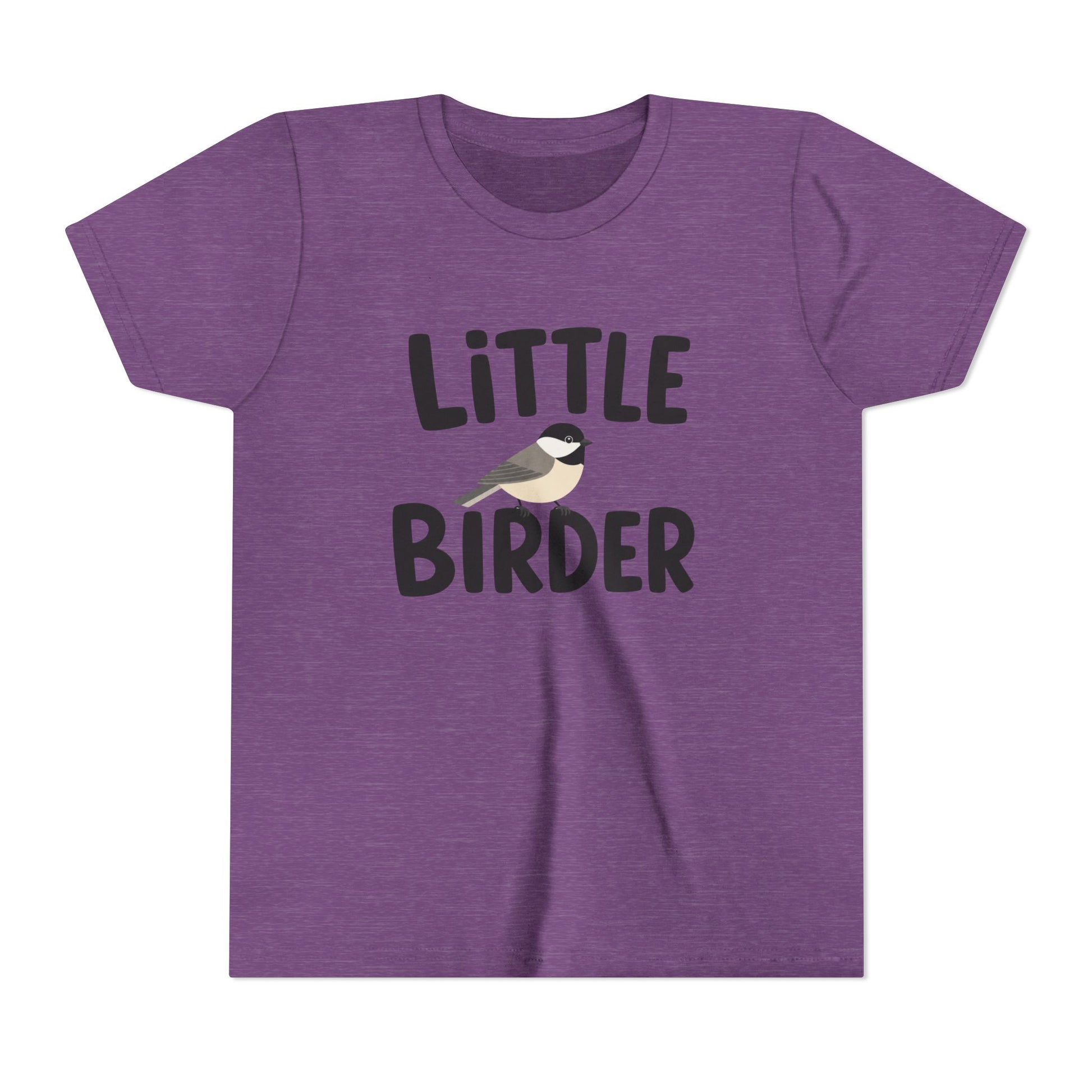 Purple t-shirt with 'Little Birder' text and a bird illustration on a white background