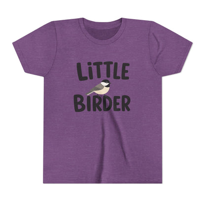 Purple t-shirt with 'Little Birder' text and a bird illustration on a white background