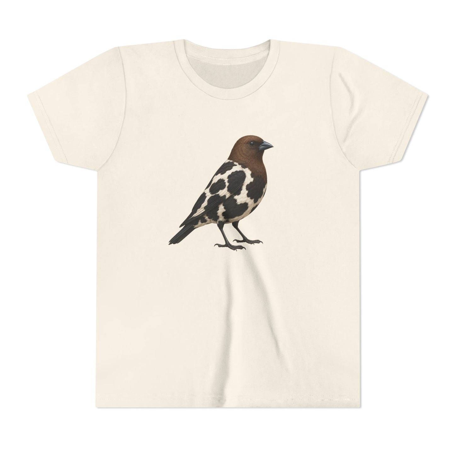 A beige short-sleeve crewneck t-shirt featuring a graphic print of a bird with a brown head and black-and-white spotted body, displayed against a solid white background.