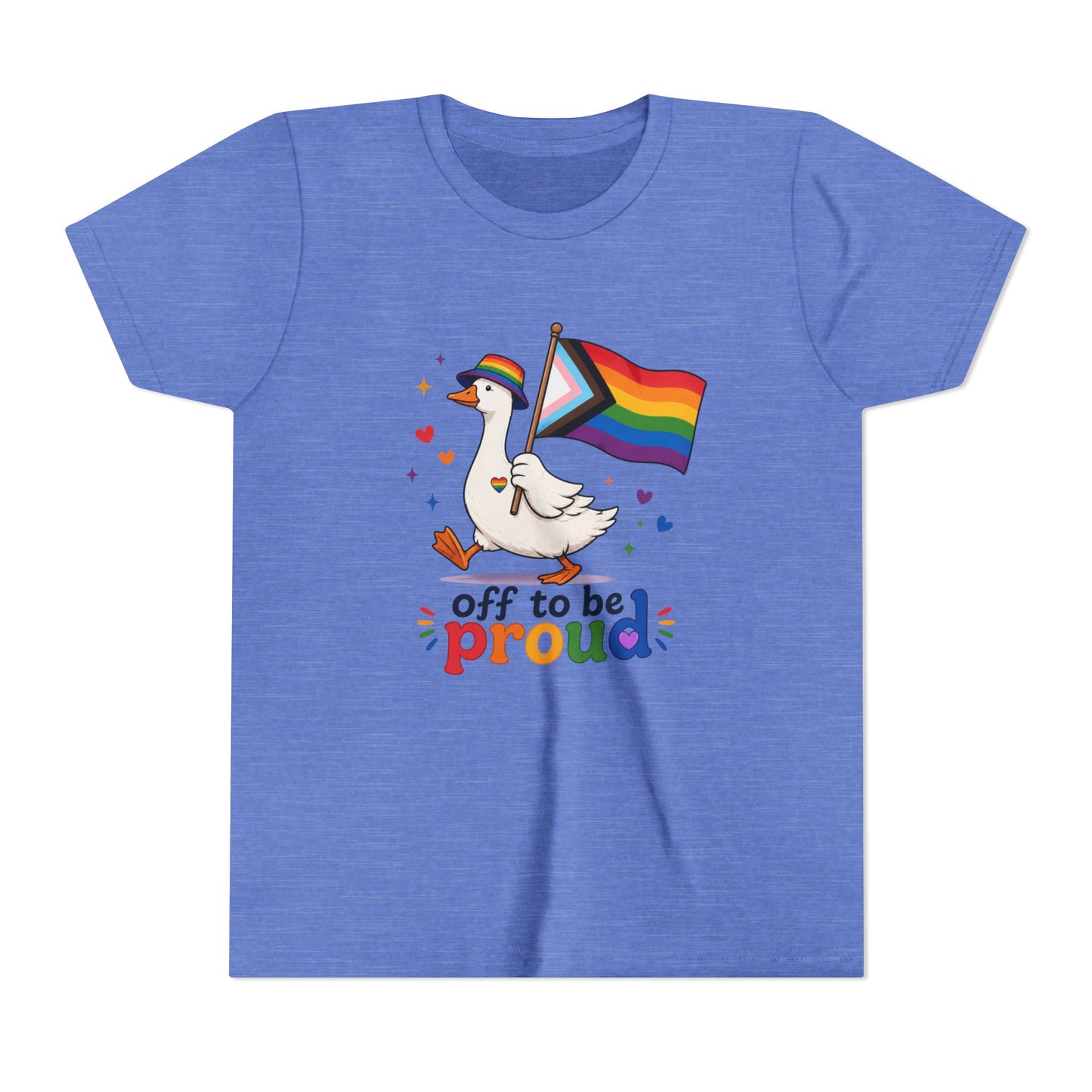 Blue t-shirt with a goose holding a rainbow flag and text 'off to be proud' on a white background