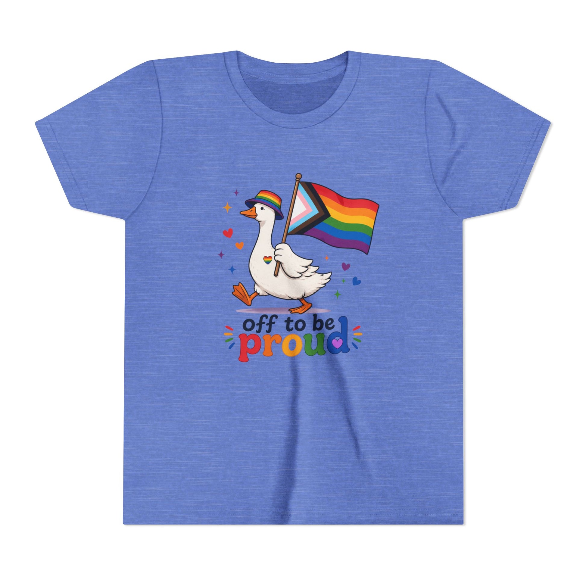 Blue t-shirt with a goose holding a rainbow flag and text 'off to be proud' on a white background