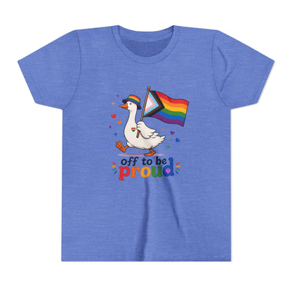 Blue t-shirt with a goose holding a rainbow flag and text 'off to be proud' on a white background