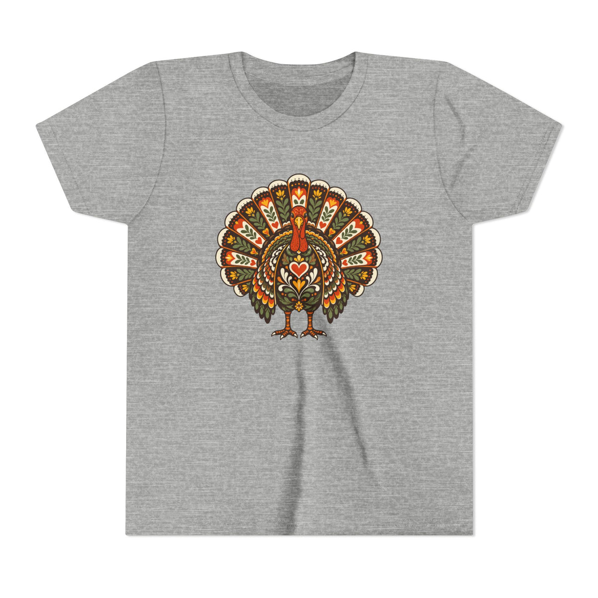 A heather gray short-sleeve t-shirt featuring a colorful, ornate graphic of a turkey with its tail feathers fanned out on the chest.