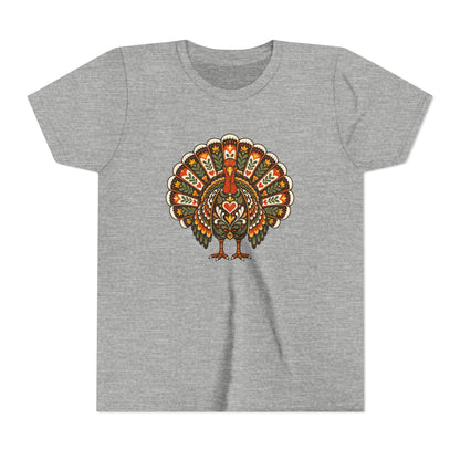 A heather gray short-sleeve t-shirt featuring a colorful, ornate graphic of a turkey with its tail feathers fanned out on the chest.