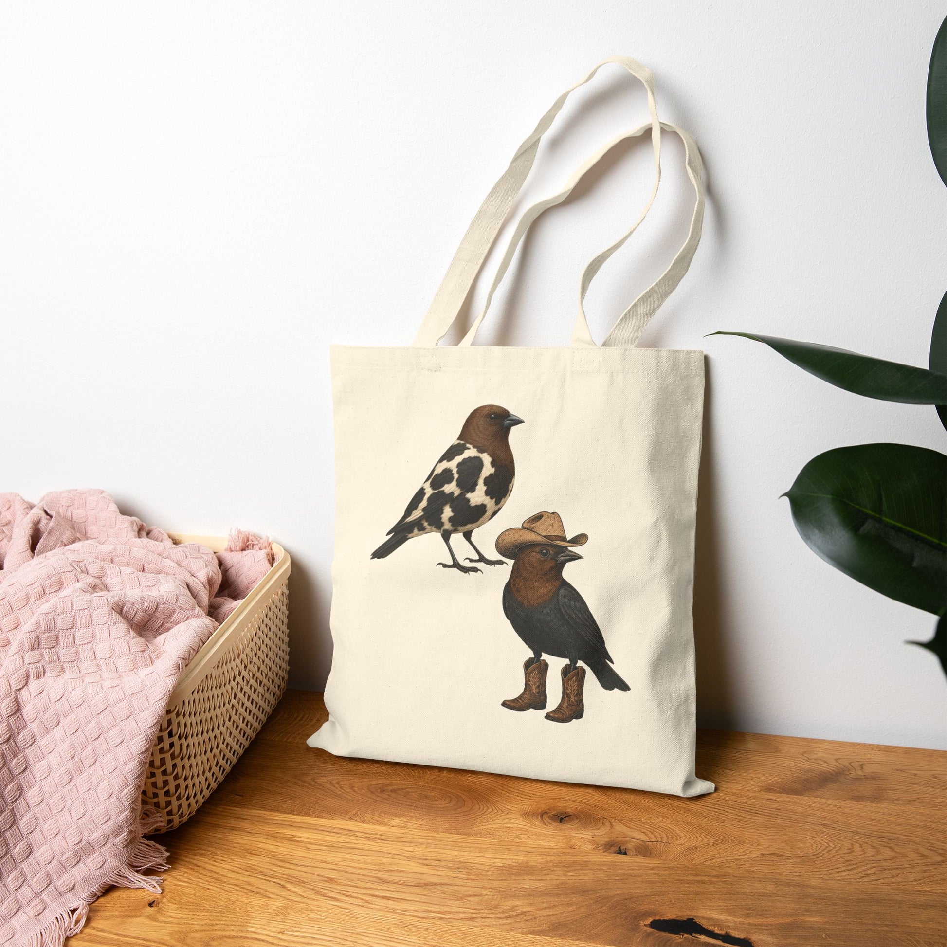 An off-white canvas tote bag with two illustrated birds printed on the front, standing on a wooden surface against a white wall. A pink textured blanket in a woven basket is on the left, and a green plant leaf is on the right.