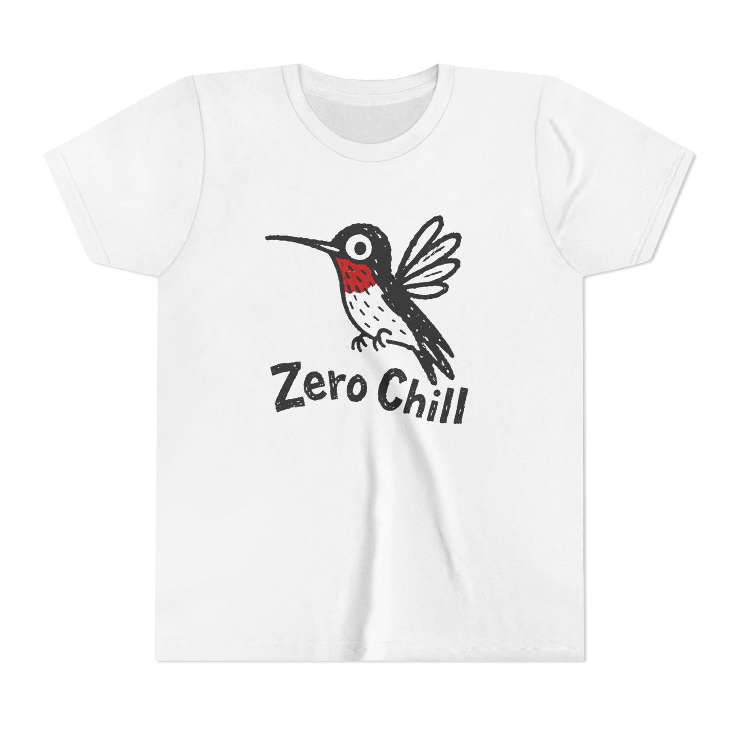 White t-shirt with a cartoon hummingbird and 'Zero Chill' text on a white background