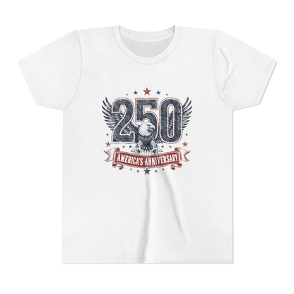 White t-shirt with '250 America's Anniversary' design featuring an eagle on a white background