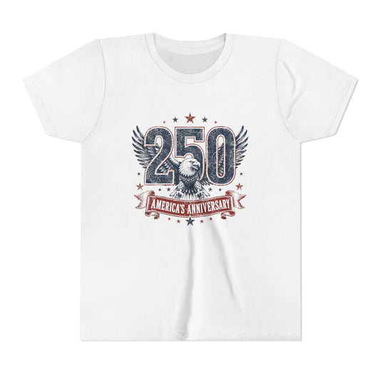 White t-shirt with '250 America's Anniversary' design featuring an eagle on a white background