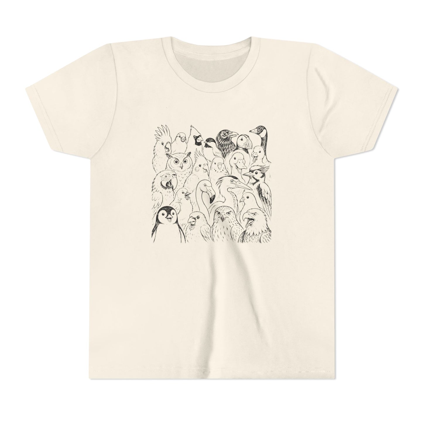 An off-white short-sleeve crewneck t-shirt featuring a black line art graphic of various cartoon owls on the front, displayed against a solid white background.