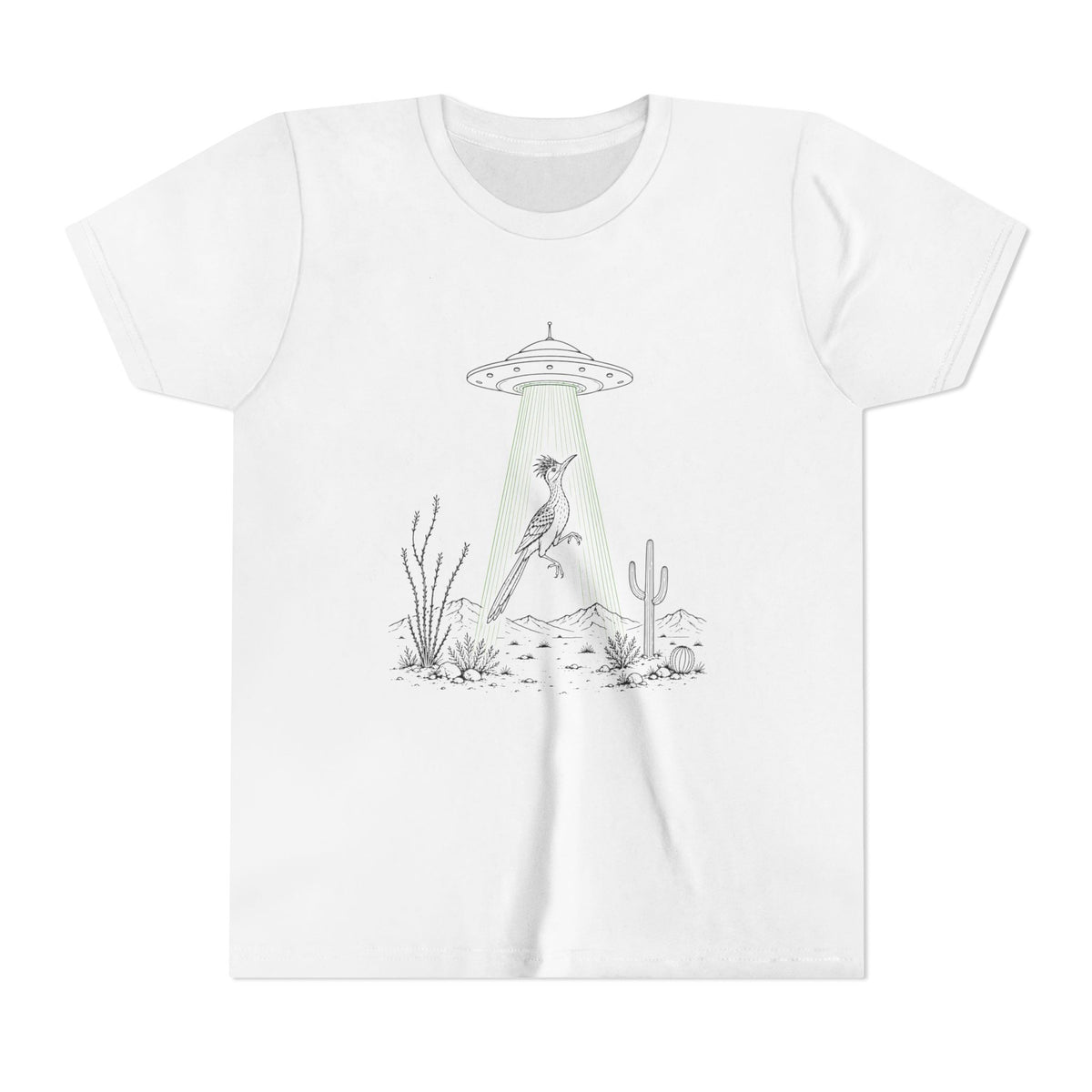 A white short-sleeve crewneck t-shirt featuring a black and white line art graphic of a bird under a UFO with a greenish light beam in a desert setting.