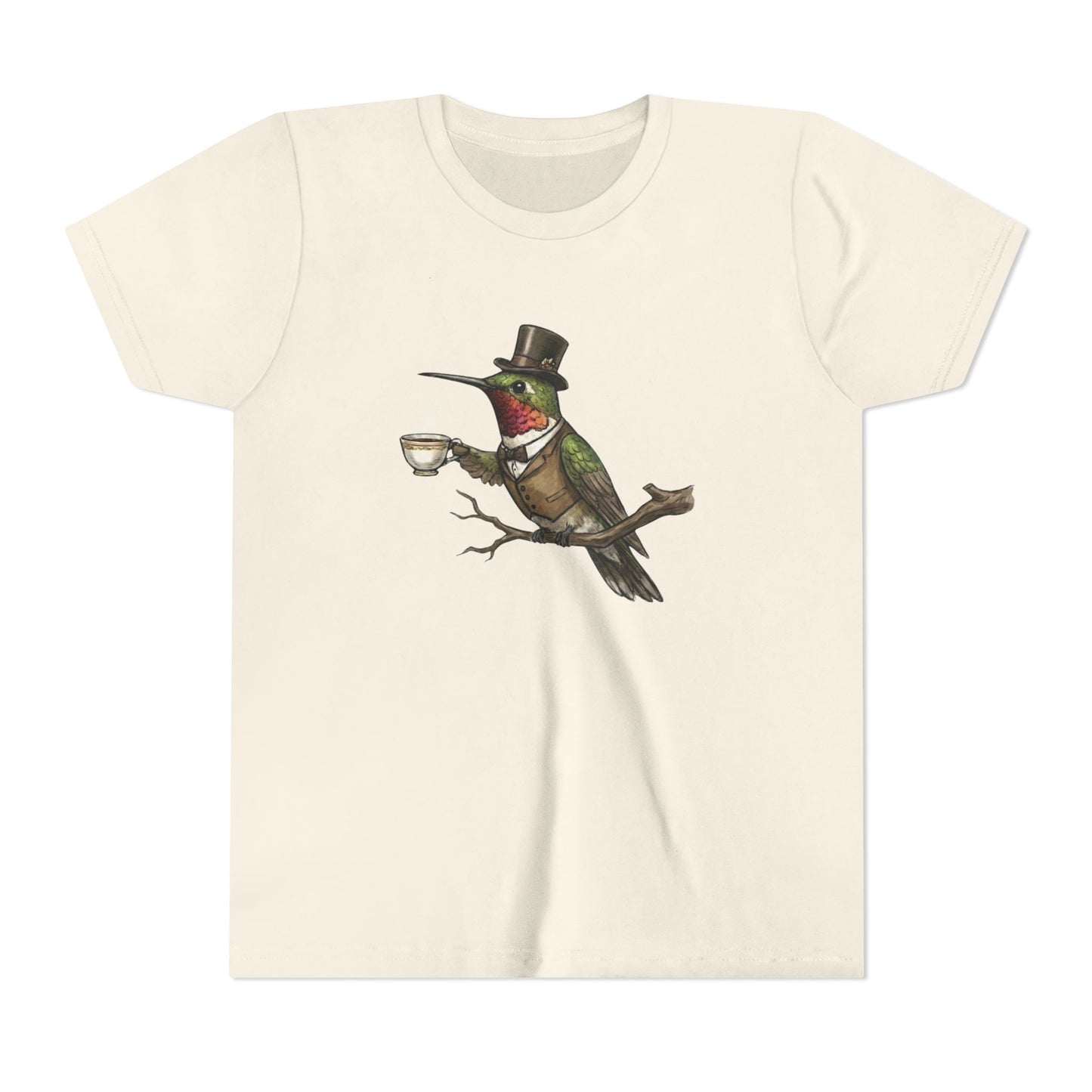Beige t-shirt with a vintage-style hummingbird design wearing a top hat and monocle on a white background