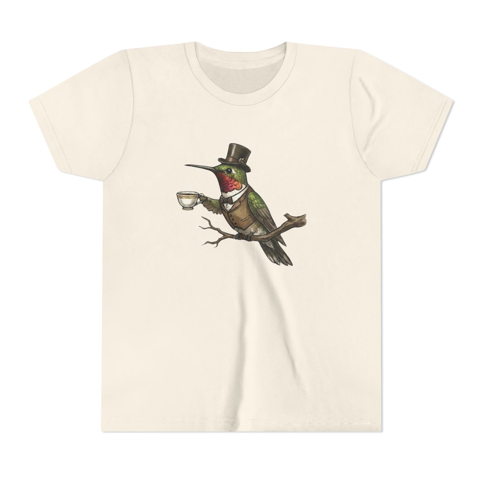Beige t-shirt with a vintage-style hummingbird design wearing a top hat and monocle on a white background