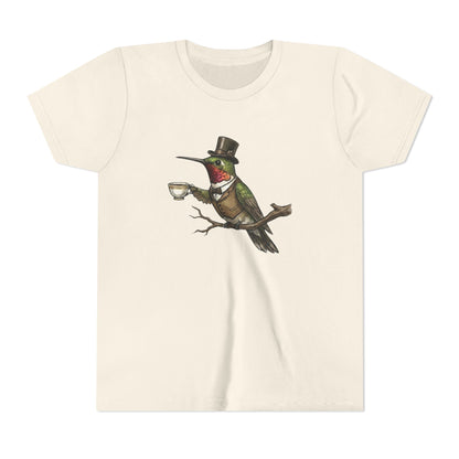 Beige t-shirt with a vintage-style hummingbird design wearing a top hat and monocle on a white background