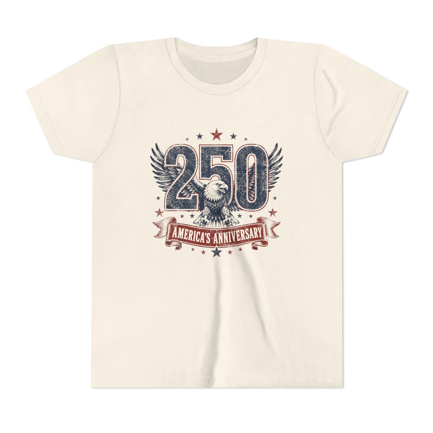 Beige t-shirt with '250 America's Anniversary' design featuring an eagle and stars on a white background.