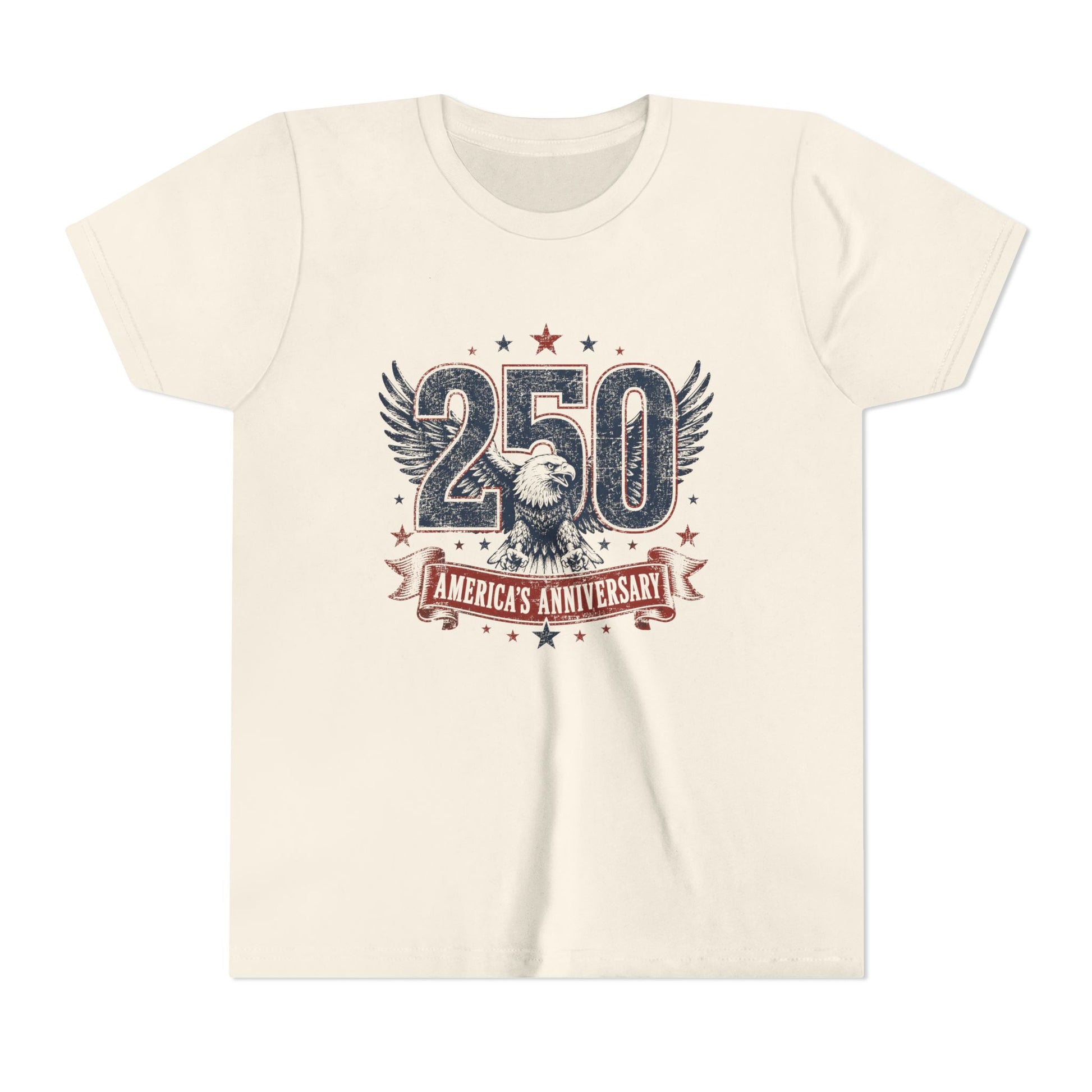Beige t-shirt with '250 America's Anniversary' design featuring an eagle and stars on a white background.