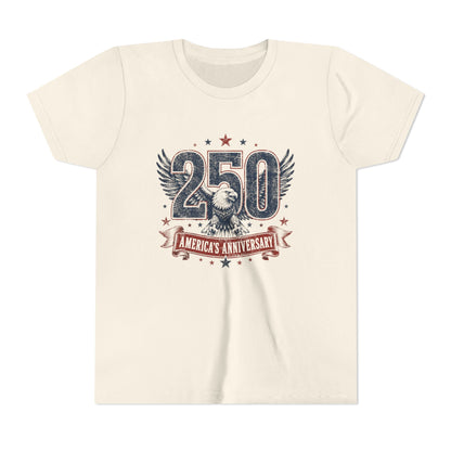 Beige t-shirt with '250 America's Anniversary' design featuring an eagle and stars on a white background.
