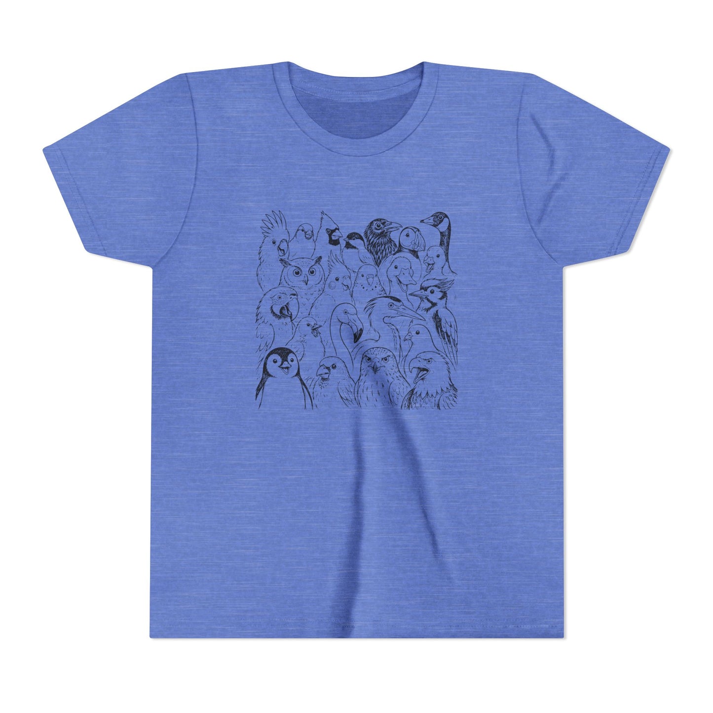 A heather blue short-sleeve crewneck t-shirt featuring a black line art graphic of various cartoon penguins on the front chest, displayed against a solid white background.