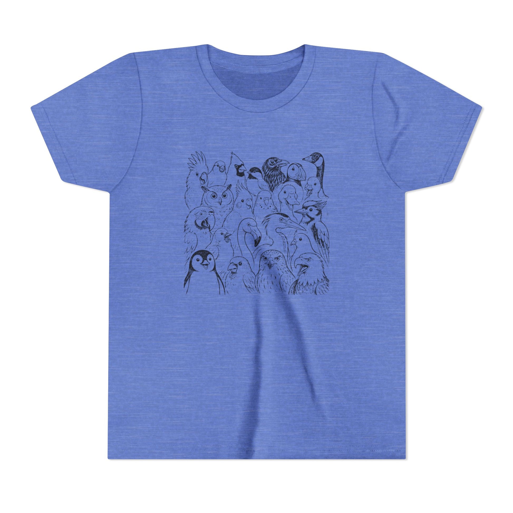 A heather blue short-sleeve crewneck t-shirt featuring a black line art graphic of various cartoon penguins on the front chest, displayed against a solid white background.