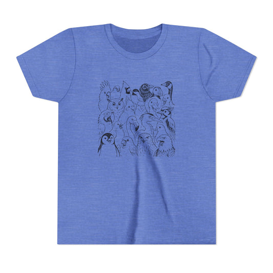 A heather blue short-sleeve crewneck t-shirt featuring a black line art graphic of various cartoon penguins on the front chest, displayed against a solid white background.
