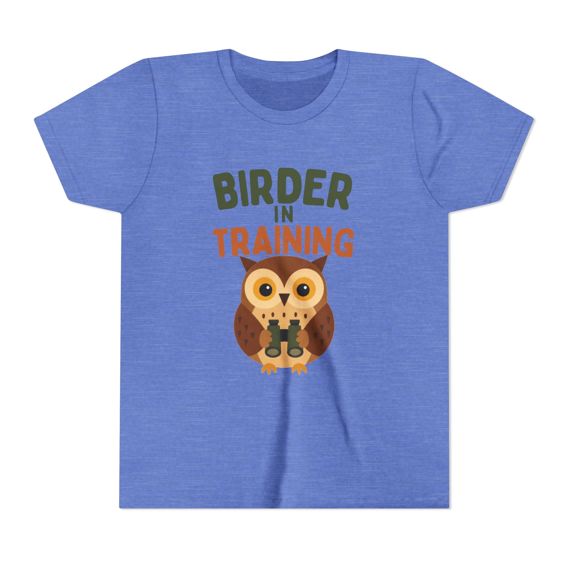 Blue t-shirt with an owl graphic and text 'Birder in Training' on a white background