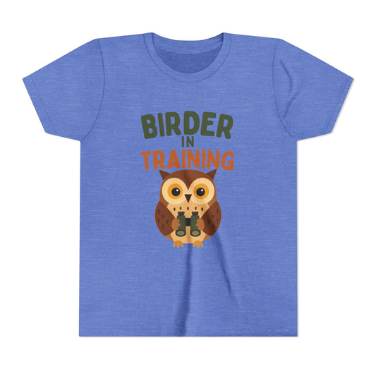 Blue t-shirt with an owl graphic and text 'Birder in Training' on a white background