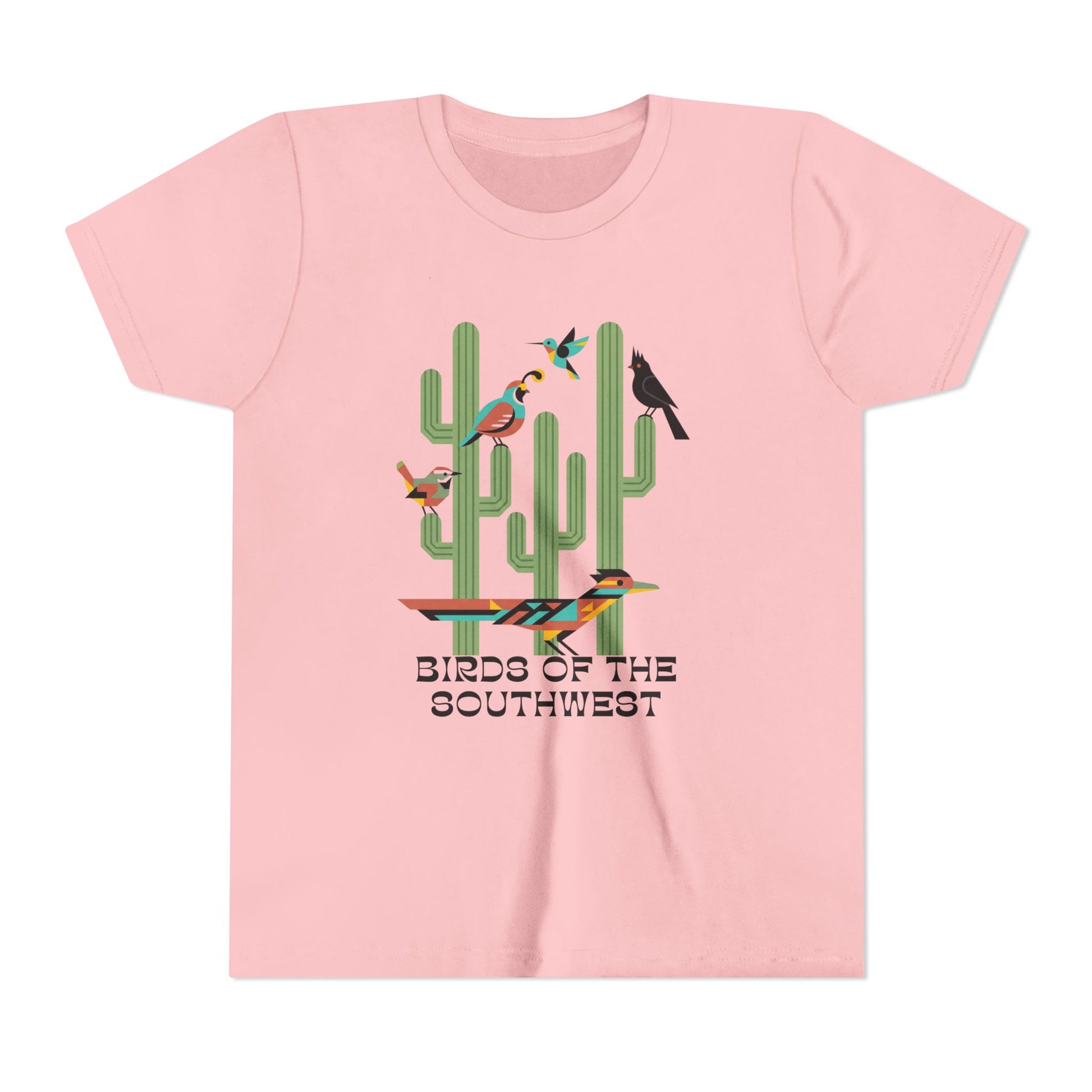Pink t-shirt with cactus and bird design on a white background