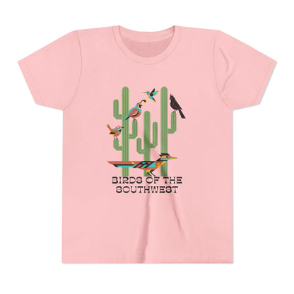 Pink t-shirt with cactus and bird design on a white background