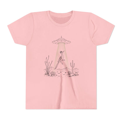 A light pink short-sleeve crewneck t-shirt featuring a graphic print of a desert scene with a bird under a UFO and a beam of light.
