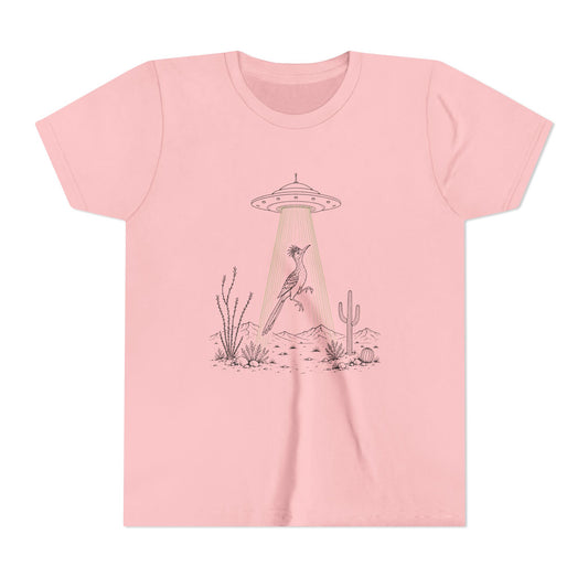A light pink short-sleeve crewneck t-shirt featuring a graphic print of a desert scene with a bird under a UFO and a beam of light.