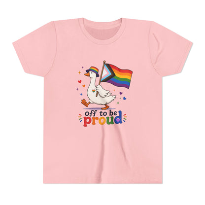 Pink t-shirt with a goose holding a rainbow flag and text 'off to be proud' on a white background