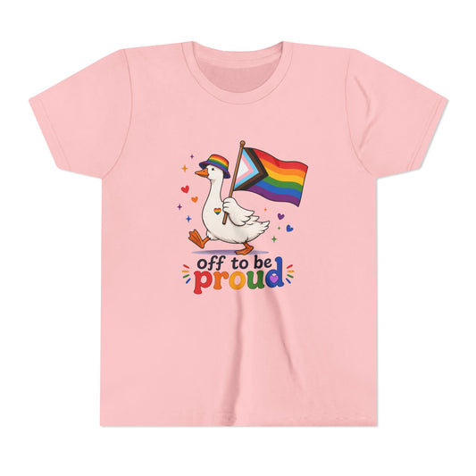 Pink t-shirt with a goose holding a rainbow flag and text 'off to be proud' on a white background