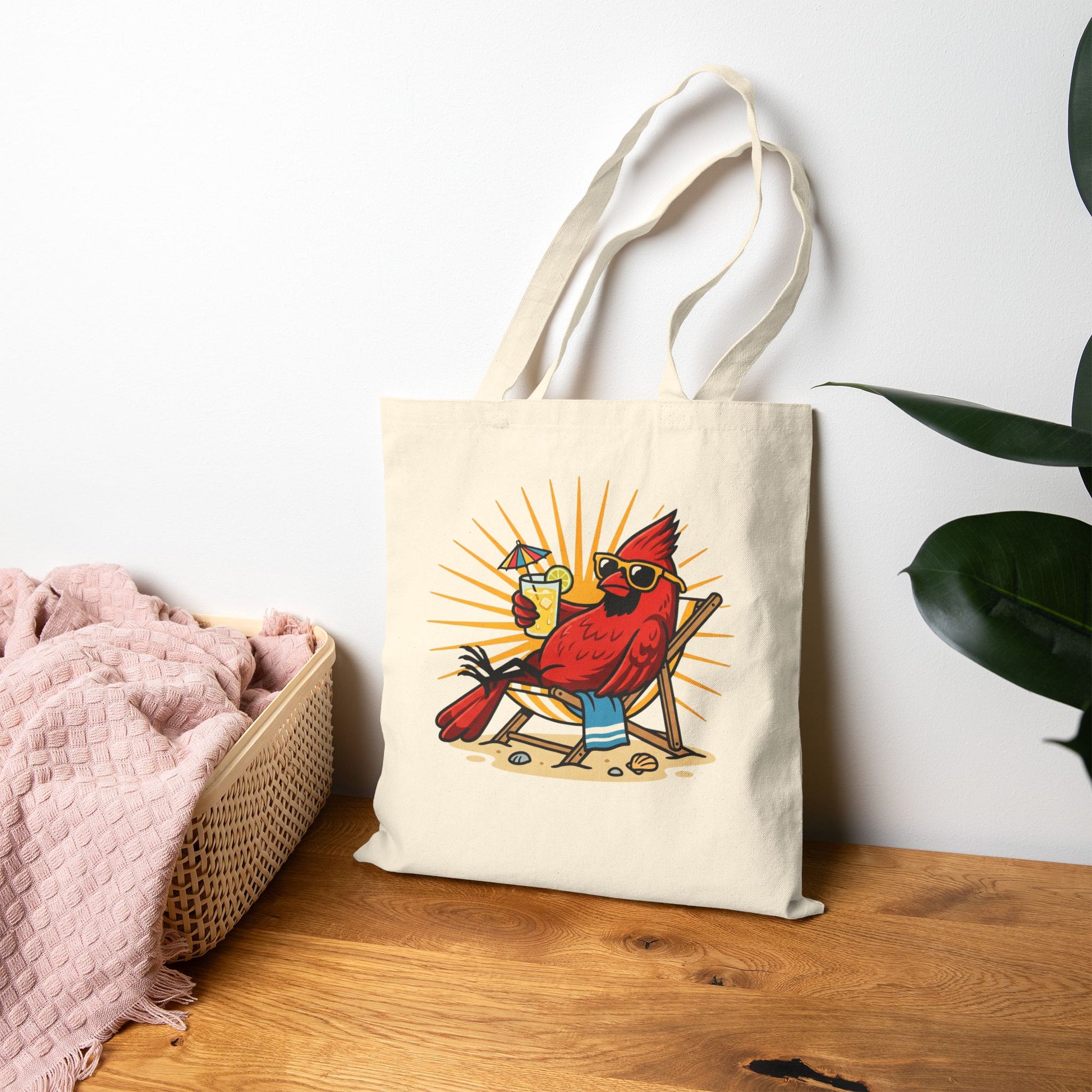 Tote bag with a cardinal design sitting on a wooden surface next to a pink blanket and plant.