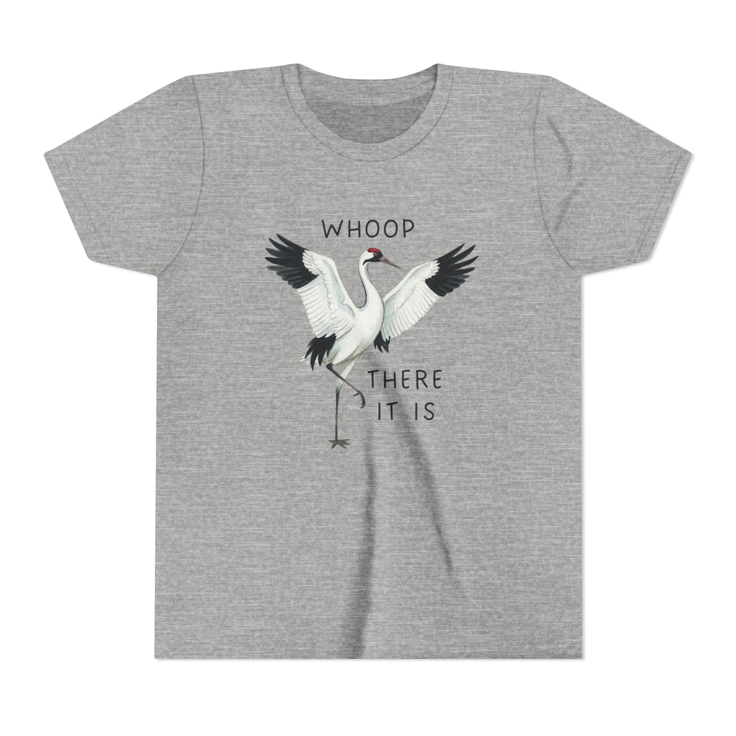 Gray t-shirt with a crane design and text on a white background