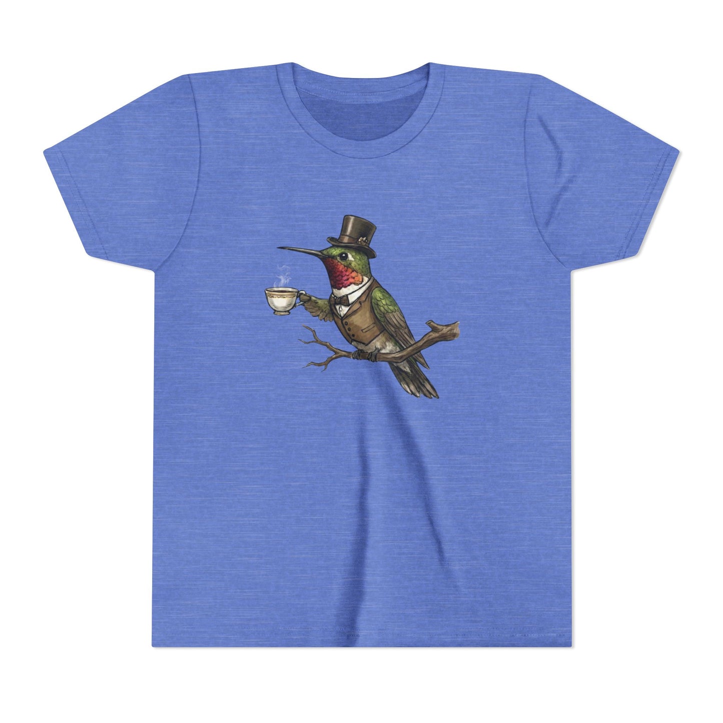 Blue t-shirt with a hummingbird wearing a top hat and holding a cup design on a white background