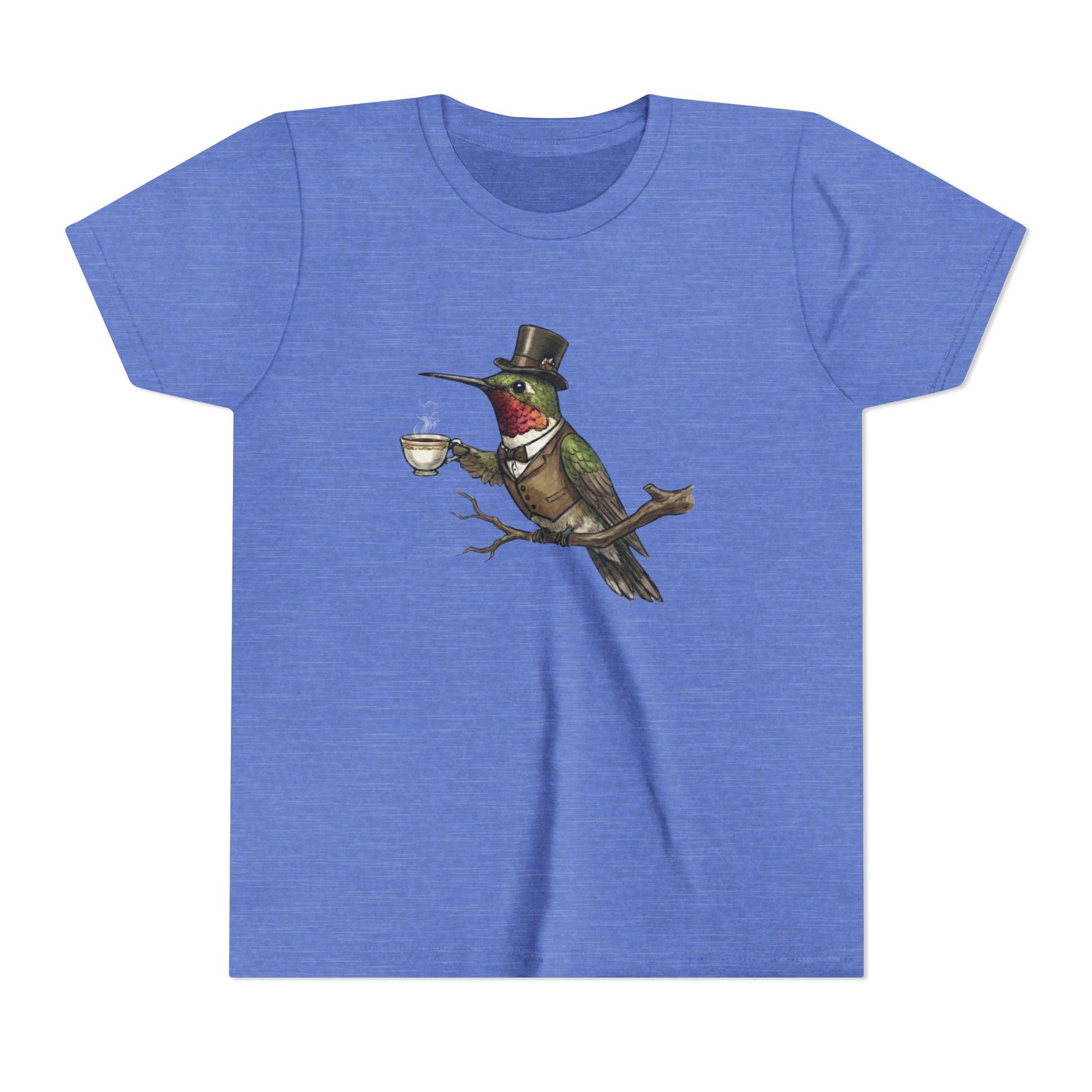 Blue t-shirt with a hummingbird wearing a top hat and holding a cup design on a white background
