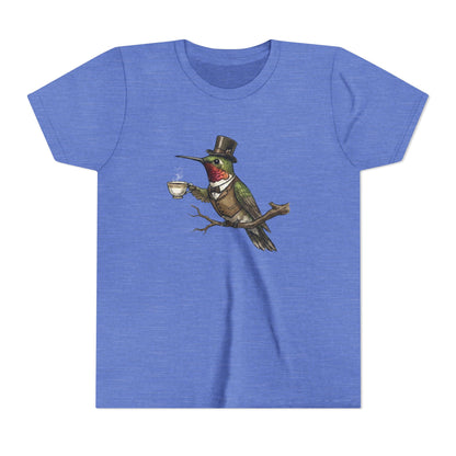 Blue t-shirt with a hummingbird wearing a top hat and holding a cup design on a white background