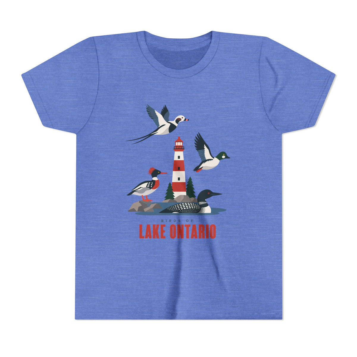 A heather blue short-sleeve t-shirt with a graphic print of birds, a lighthouse, and loons above the text 'BEYOND LAKE ONTARIO'.
