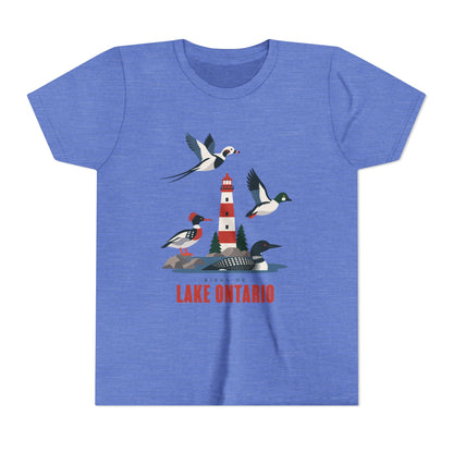 A heather blue short-sleeve t-shirt with a graphic print of birds, a lighthouse, and loons above the text 'BEYOND LAKE ONTARIO'.