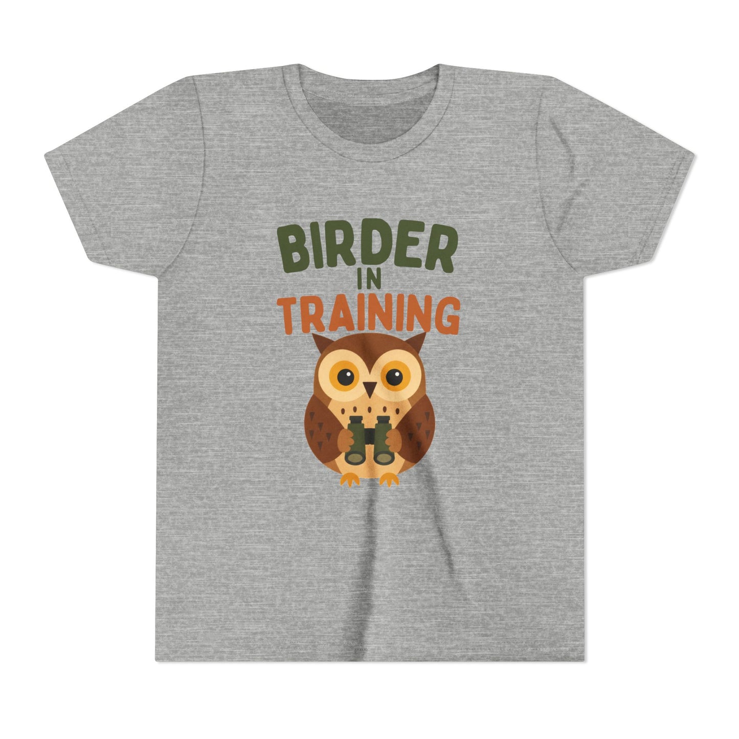 Gray t-shirt with an owl graphic and text 'Birder in Training' on a white background