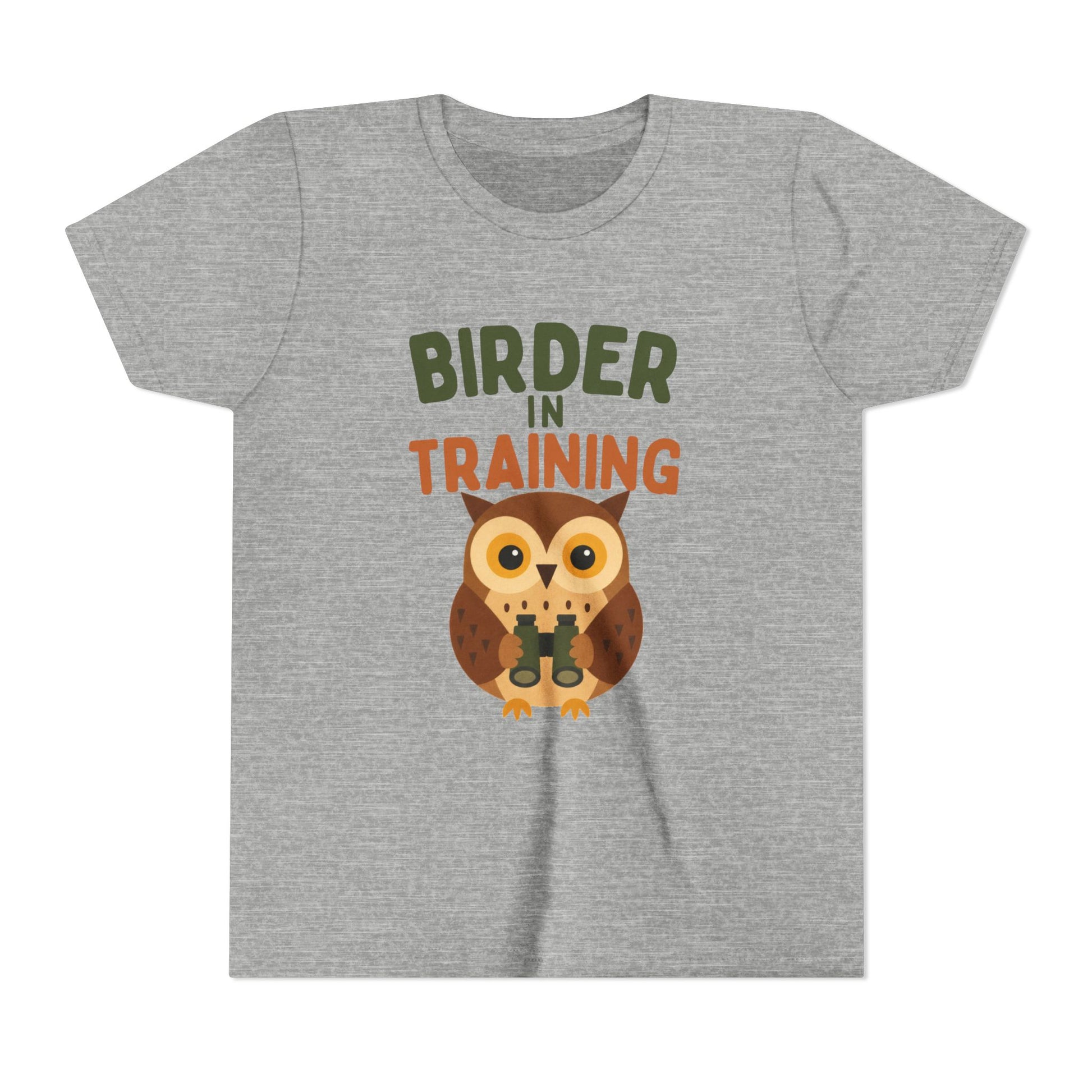 Gray t-shirt with an owl graphic and text 'Birder in Training' on a white background