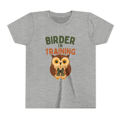 Gray t-shirt with an owl graphic and text 'Birder in Training' on a white background